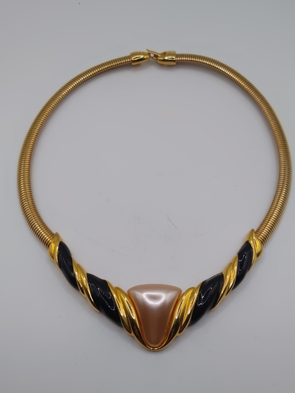 Napier Gold Tone Black Enamel And Faux Pearl Statement Necklace